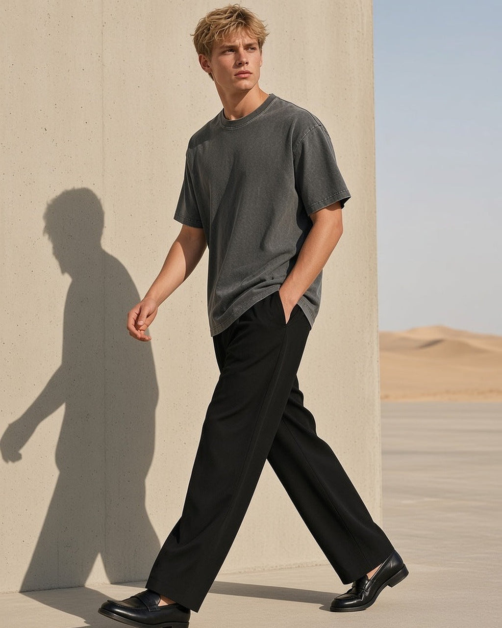Man in the Mineral Wash Oversized T-Shirt in Charcoal Gray with black trousers and loafers, striding past a sunlit wall.