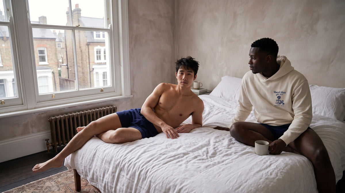 A slow morning in a London bedroom: one man in the cream Marcel Afters Morning After hoodie with a coffee cup, the other stretched out on white linen.