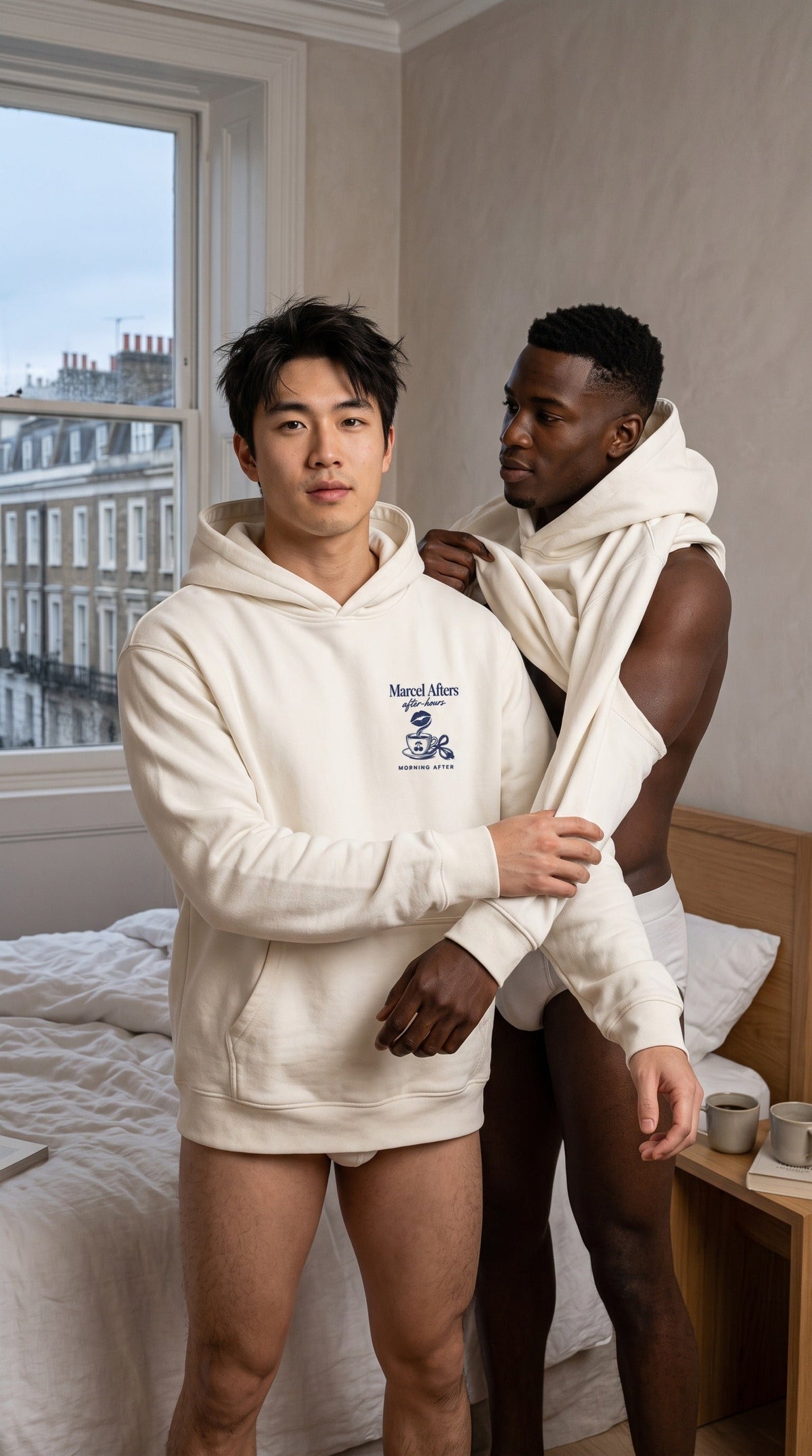 A man in the cream Marcel Afters Morning After hoodie as his partner pulls another hoodie on behind him, London bedroom.