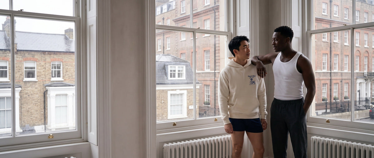 Two men by a tall sash window in a London flat, one wearing the cream Marcel Afters Morning After hoodie.