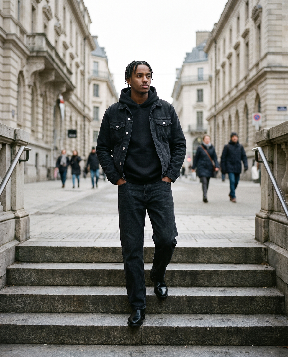 Man in Black vintage wash straight-leg jeans with a black hoodie and denim jacket on stone steps by day
