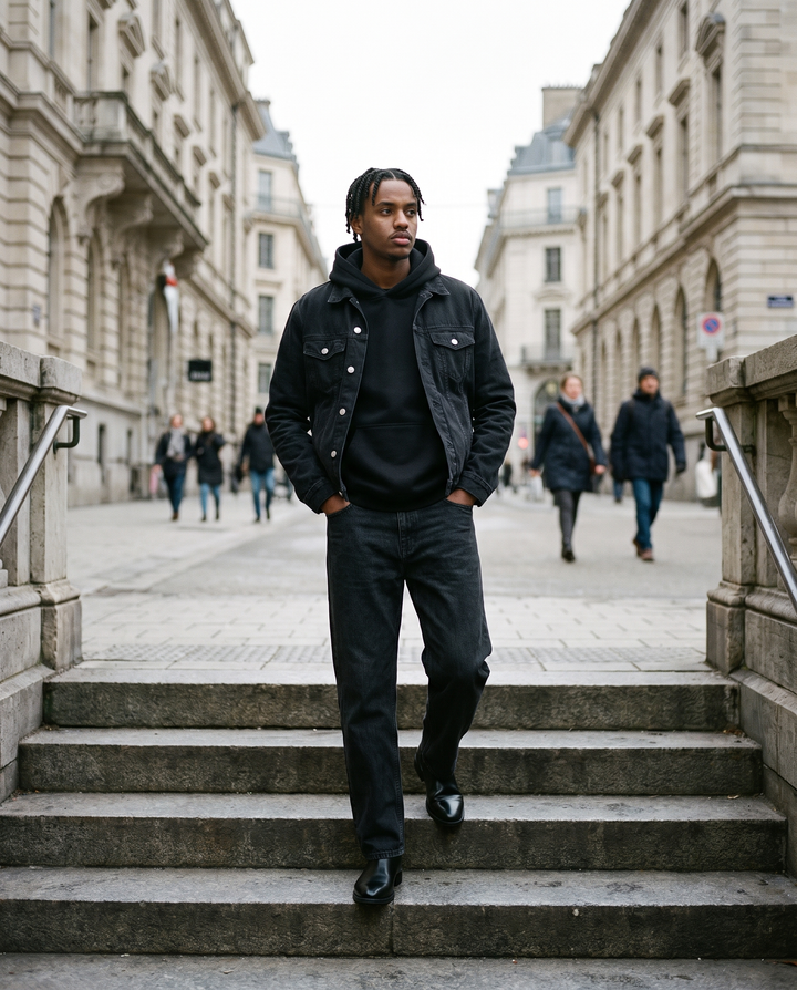 Man in Black vintage wash straight-leg jeans with a black hoodie and denim jacket on stone steps by day