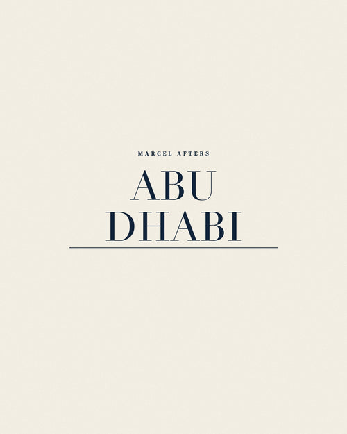 Abu Dhabi engraved drawing by Marcel Afters, luxury travel wear: the Abu Dhabi name as an engraved plate, set on a cream ground.