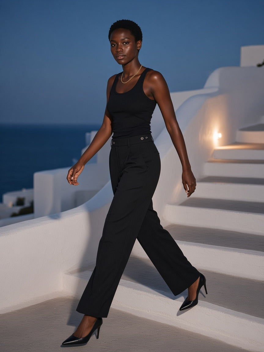 Woman wearing the Adjustable Waist Straight-Leg Pants in Black, full-length model photo