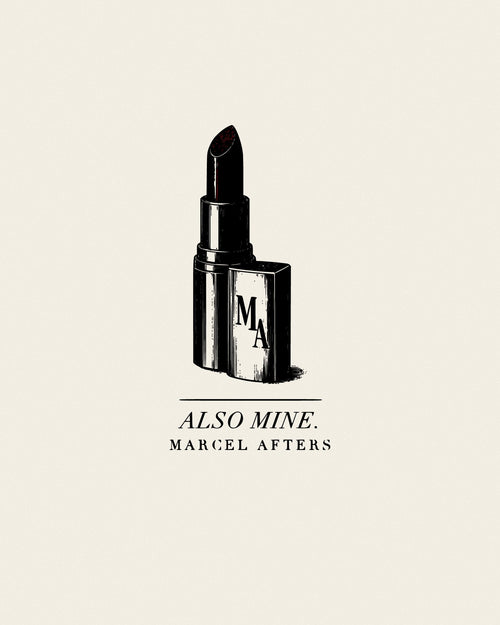 Also Mine engraved drawing by Marcel Afters, luxury essentials and travel wear: a lipstick with the MA monogram, set on a cream ground.