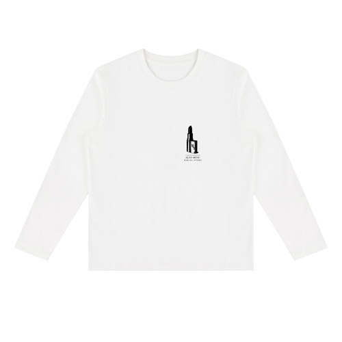 Also Mine heavyweight long sleeve tee in White, front view with an engraved lipstick with the MA monogram on the left chest. Marcel Afters.