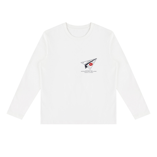 Ask For The Check. Then Ask Me heavyweight long sleeve tee in White, front view with a paper plane with a lipstick kiss. Marcel Afters.