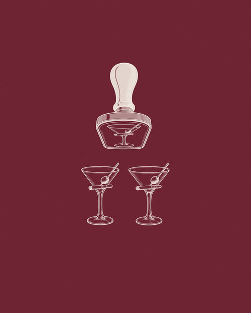 Bare Bulb engraved drawing by Marcel Afters, luxury travel wear: a navy stamp over two red martini glasses, set on a wine ground.