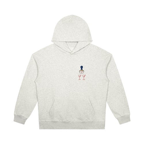 Bare Bulb pullover hoodie in Oat Gray, front view with a navy stamp over two red martini glasses on the left chest. Marcel Afters.
