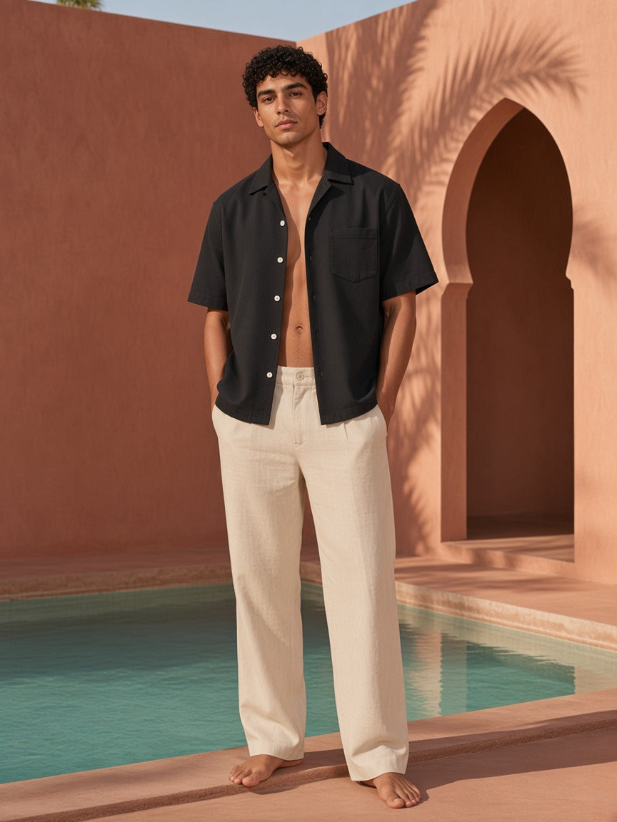 Model wearing the Boxy Heavyweight Short Sleeve Shirt in Black, full-length model photo