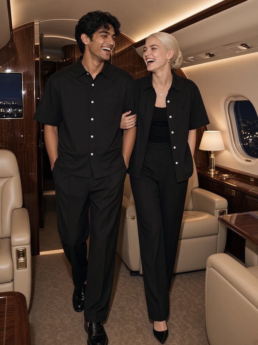 Two people wearing the Boxy Heavyweight Short Sleeve Shirt in Black, full-length model photo