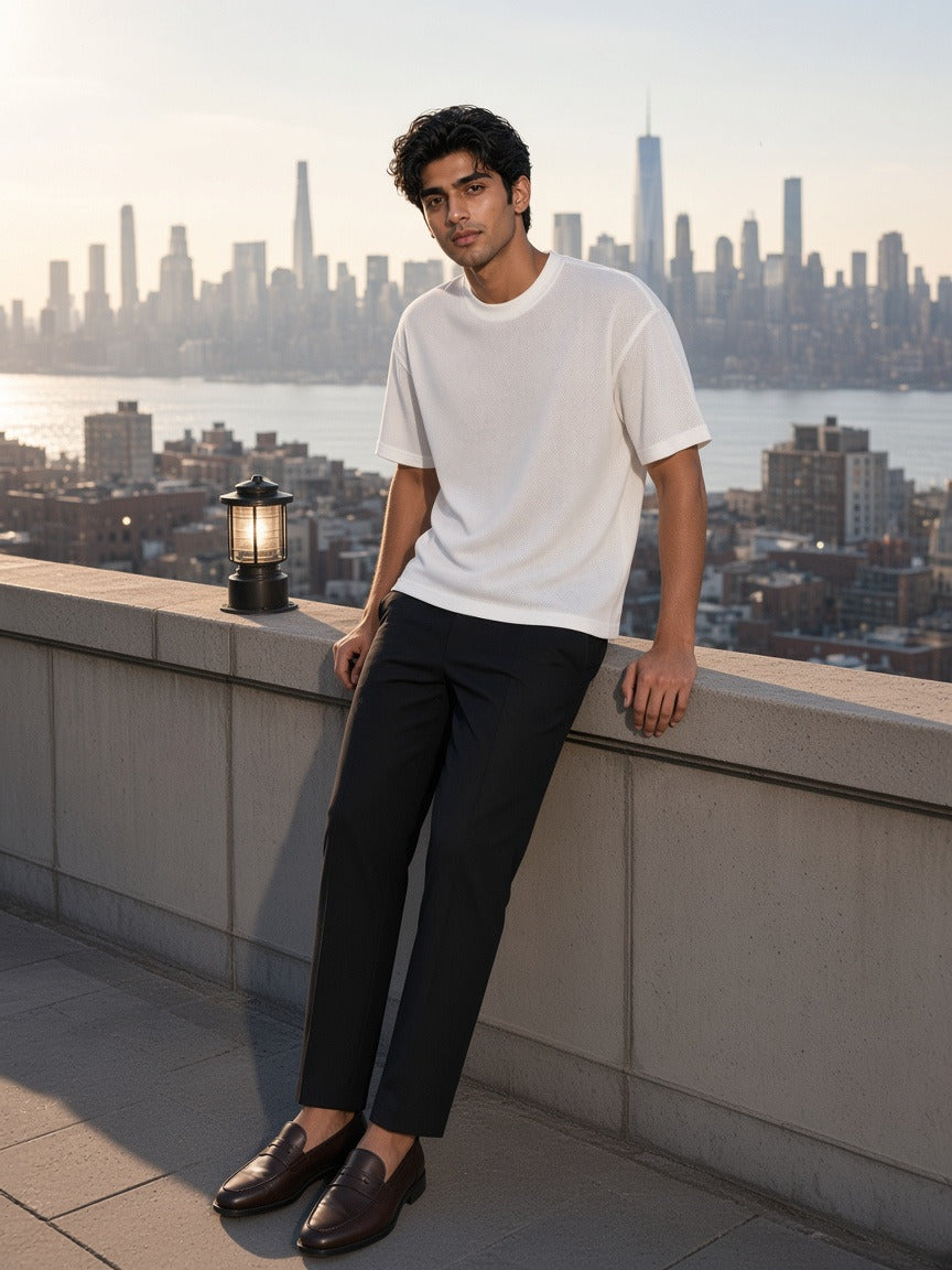 Model wearing the Boxy Mesh Crewneck T-Shirt in White, full-length model photo
