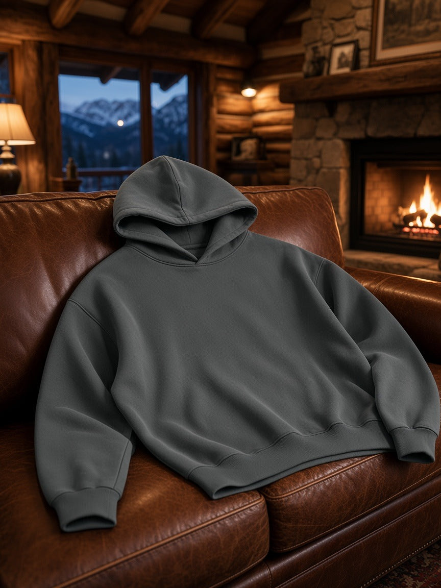 Marcel Afters Boxy Oversized Hoodie in Gray, laid flat, wood-paneled room