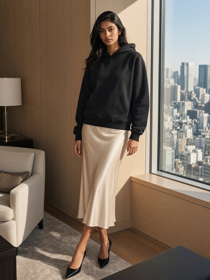 Woman wearing the Boxy Oversized Hoodie in Black, full-length model photo