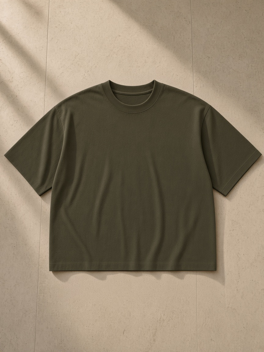 Boxy Oversized T-Shirt in Army Green, laid flat on pale limestone