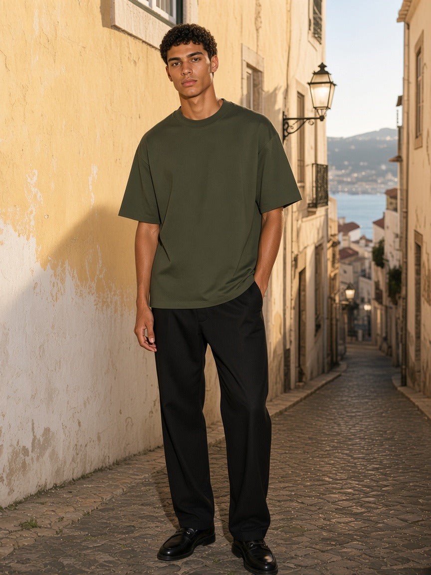 Model wearing the Boxy Oversized T-Shirt in Army Green, full-length model photo