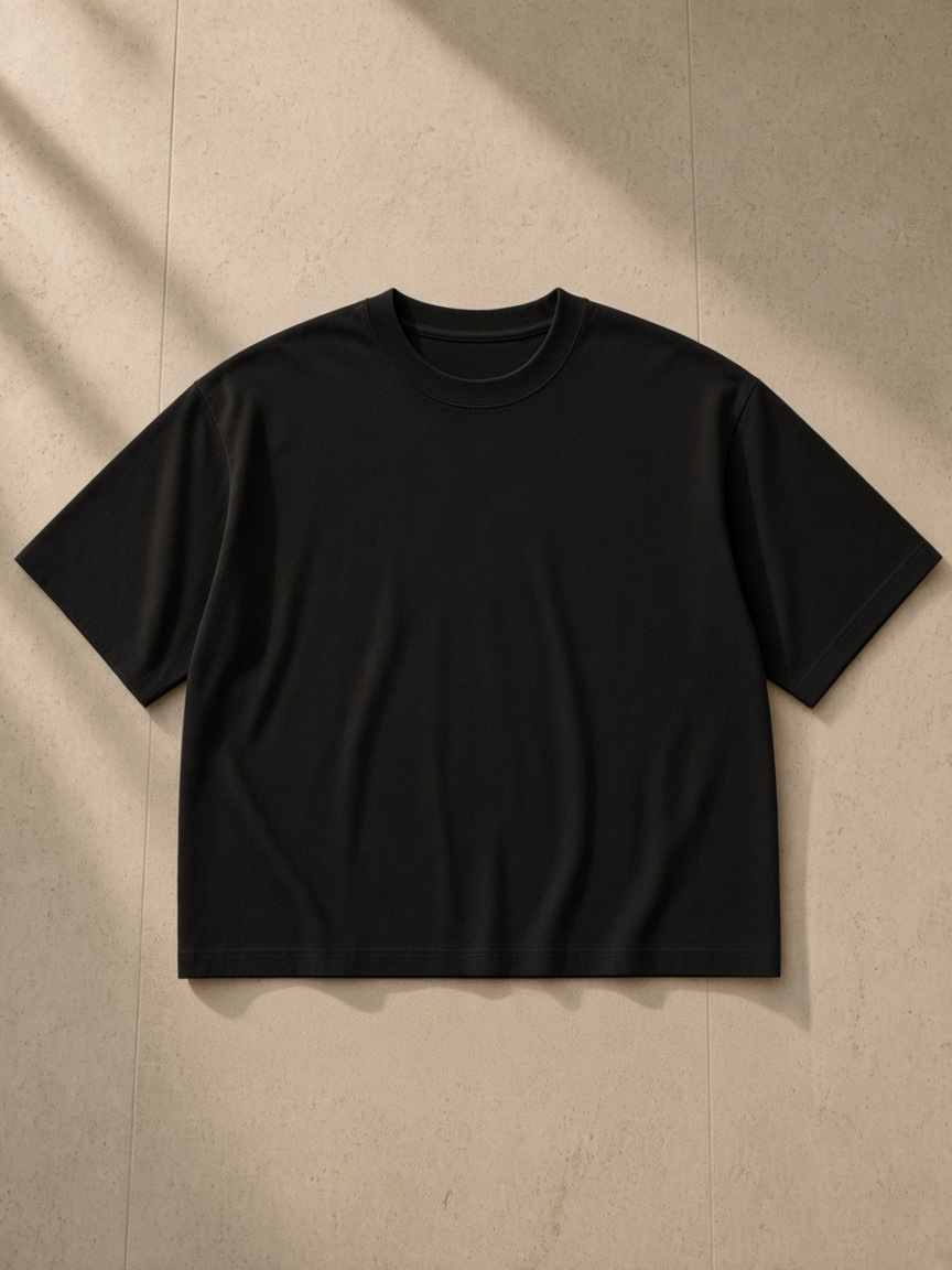Boxy Oversized T-Shirt in Black, laid flat on pale limestone