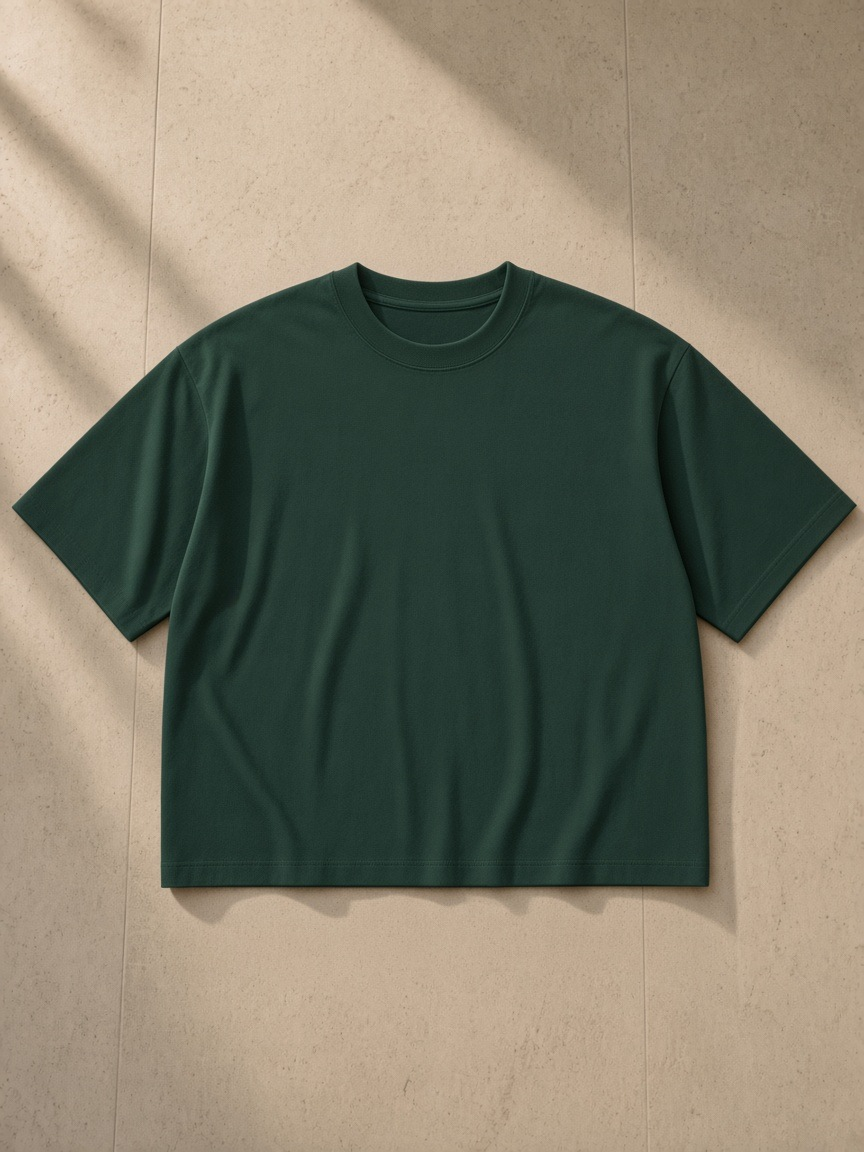 Boxy Oversized T-Shirt in Dark Green, laid flat on pale limestone