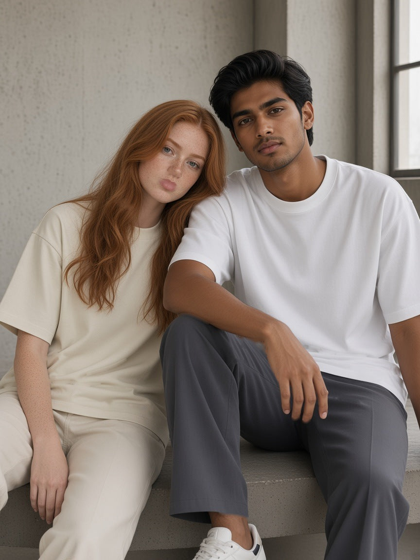 Marcel Afters Boxy Oversized T-Shirt in White, worn by a man and a woman, seated together against concrete, man in white and woman in oat