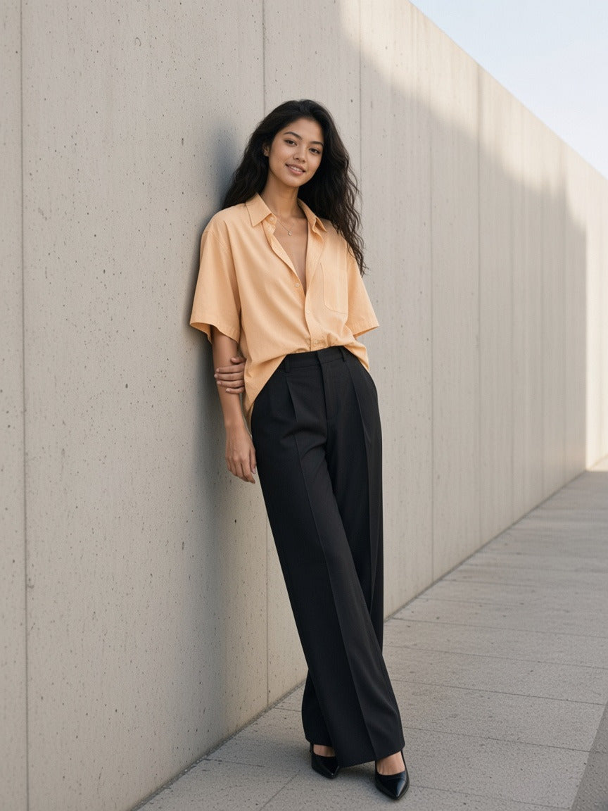 Model wearing the Boxy Patch Pocket Short Sleeve Shirt in Apricot, full-length model photo