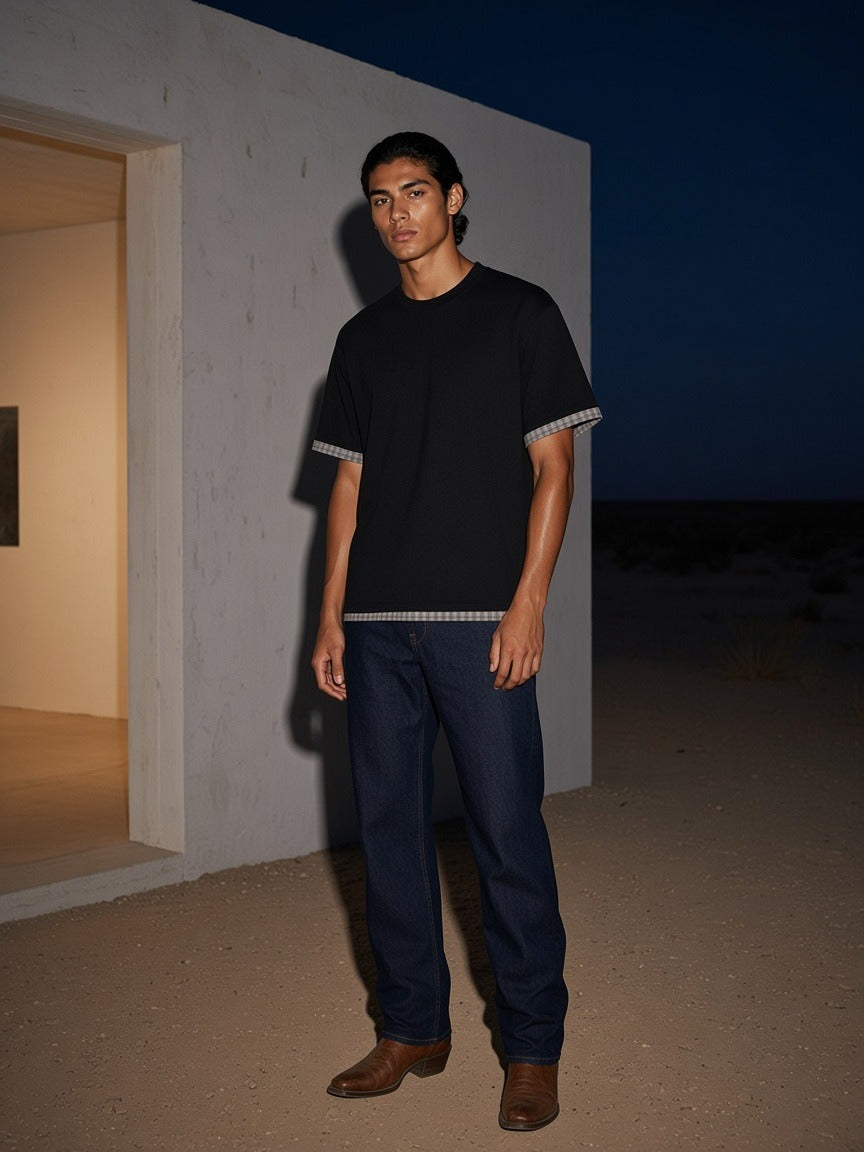 Model wearing the Boxy Plaid-Lined Double-Face T-Shirt in Black, full-length model photo