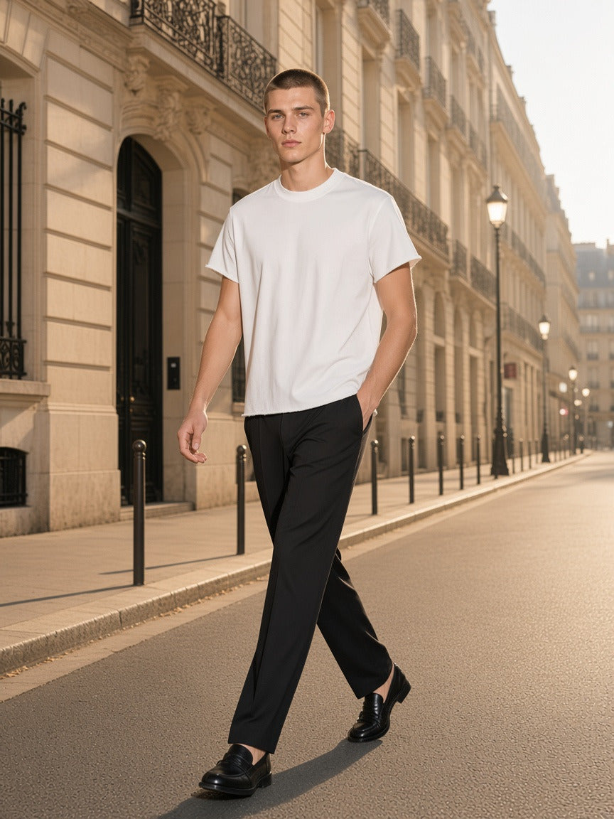 Man wearing the Boxy Raw Edge T-Shirt in White, full-length model photo