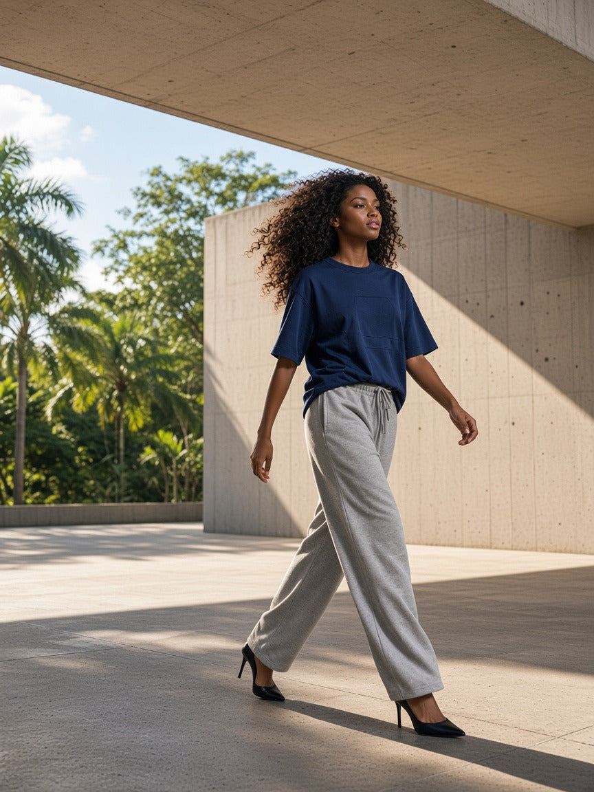 Model wearing the Boxy Tonal Paneling T-Shirt in Navy Blue, full-length model photo