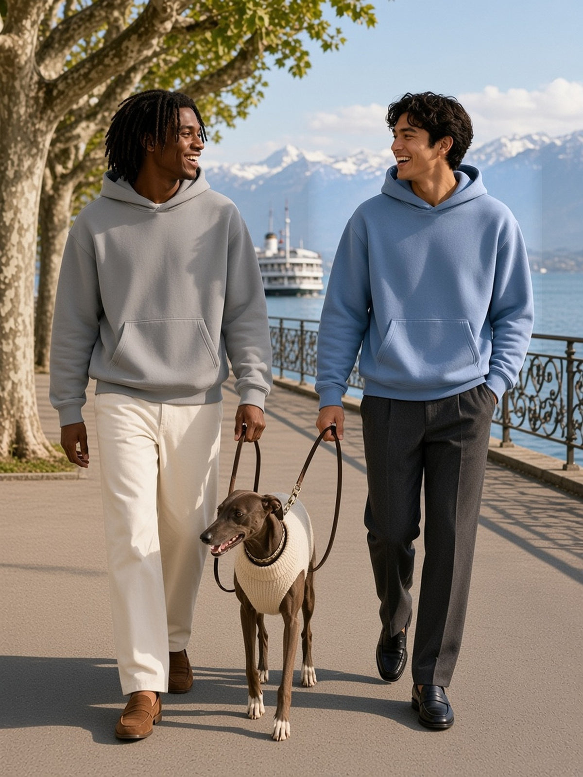 Two men in the Boxy Vintage Washed Hoodie in Light Gray and Light Blue, walking a greyhound on Lake Geneva