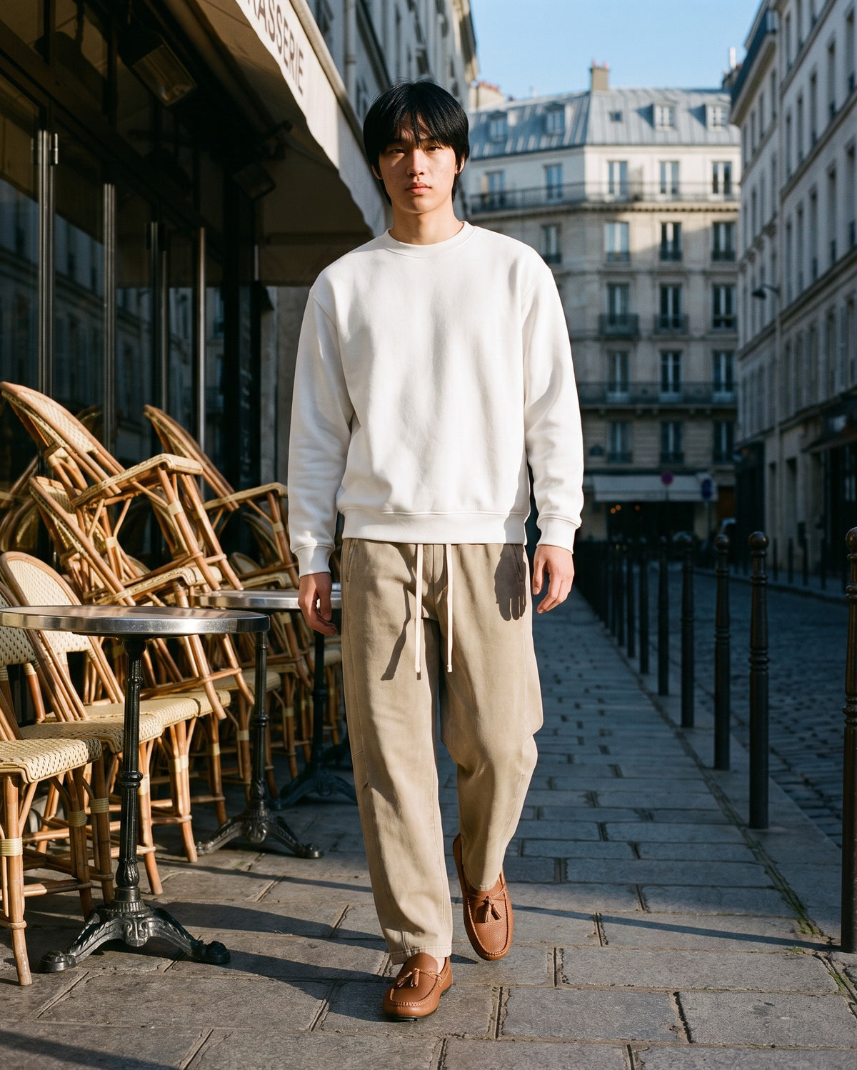 Man wearing The Coast Road Loafer with the Fleeced Sweatshirt in White, Mineral Wash Barrel Leg Pants in Khaki. The Long Lunch, Autumn–Winter 2026 campaign