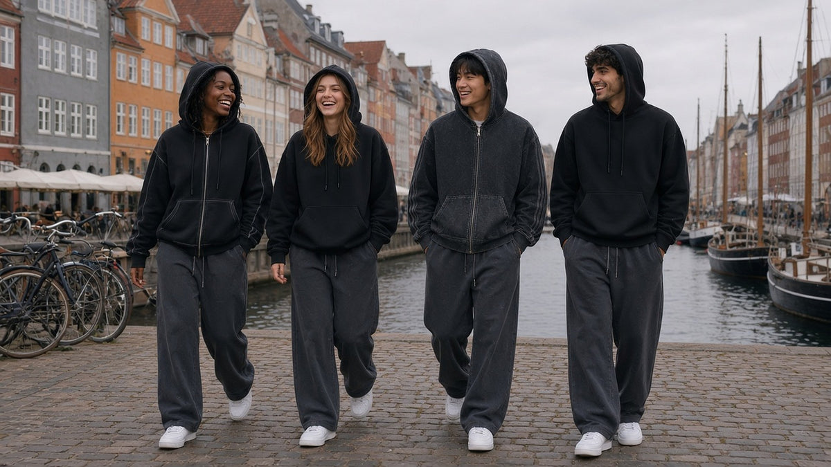 Four people in black hoodies and charcoal wide sweatpants walking over a Copenhagen canal bridge, hoods up.