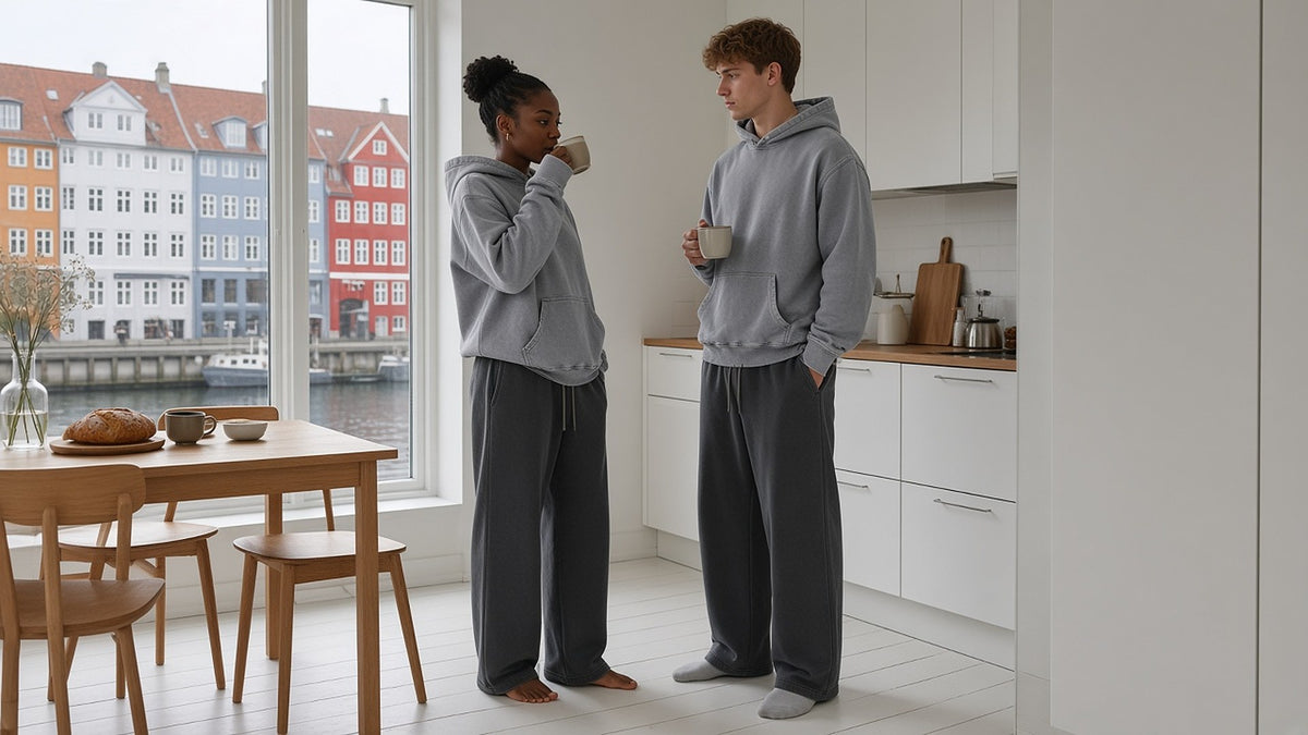 Two people in the same grey hoodie and charcoal sweatpants in a Copenhagen kitchen, she drinking his coffee.