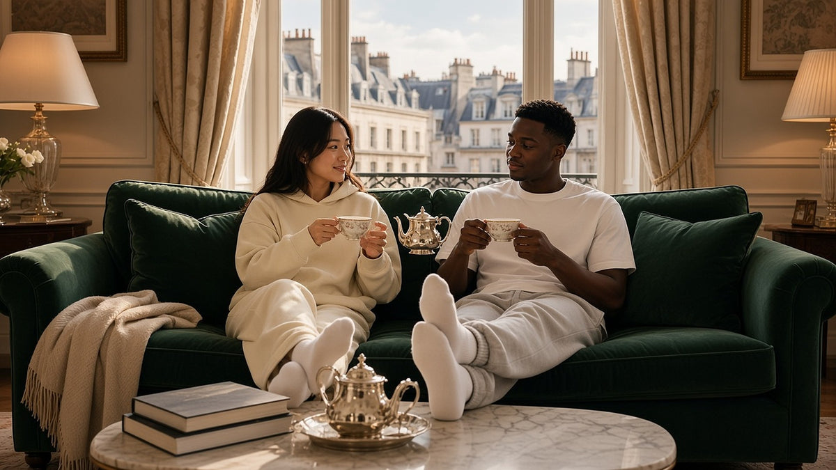 Two people in fleece hoodies and joggers on a green velvet sofa by tall windows, with a tea service.