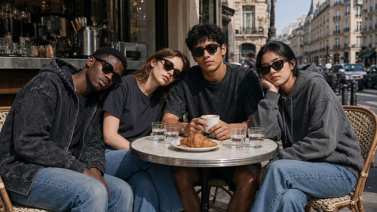 Four people in washed black and charcoal sweats wearing sunglasses at a Paris café terrace at noon, one asleep on a shoulder.