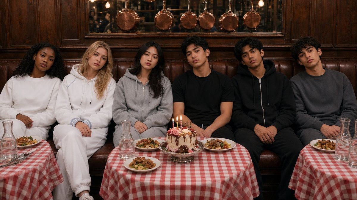 Six people in tonal matching sets side by side on a bistro banquette, a birthday cake on the table.