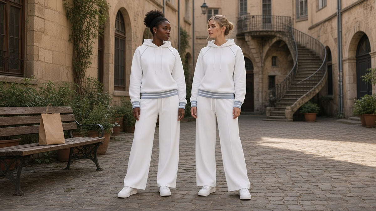 Two women in identical white hoodie and wide sweatpant sets in a cobbled Lyon courtyard.