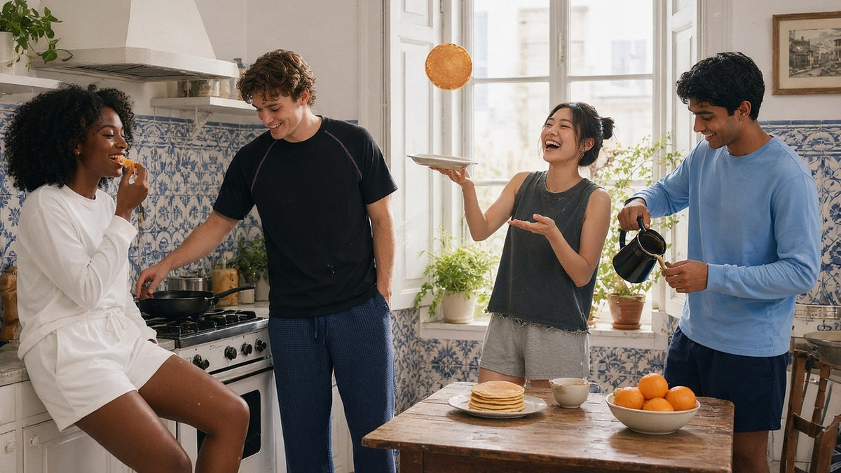 Four people in tees, tanks and sweatshorts making pancakes in a tiled Lisbon kitchen, one flipping a pancake into the air.