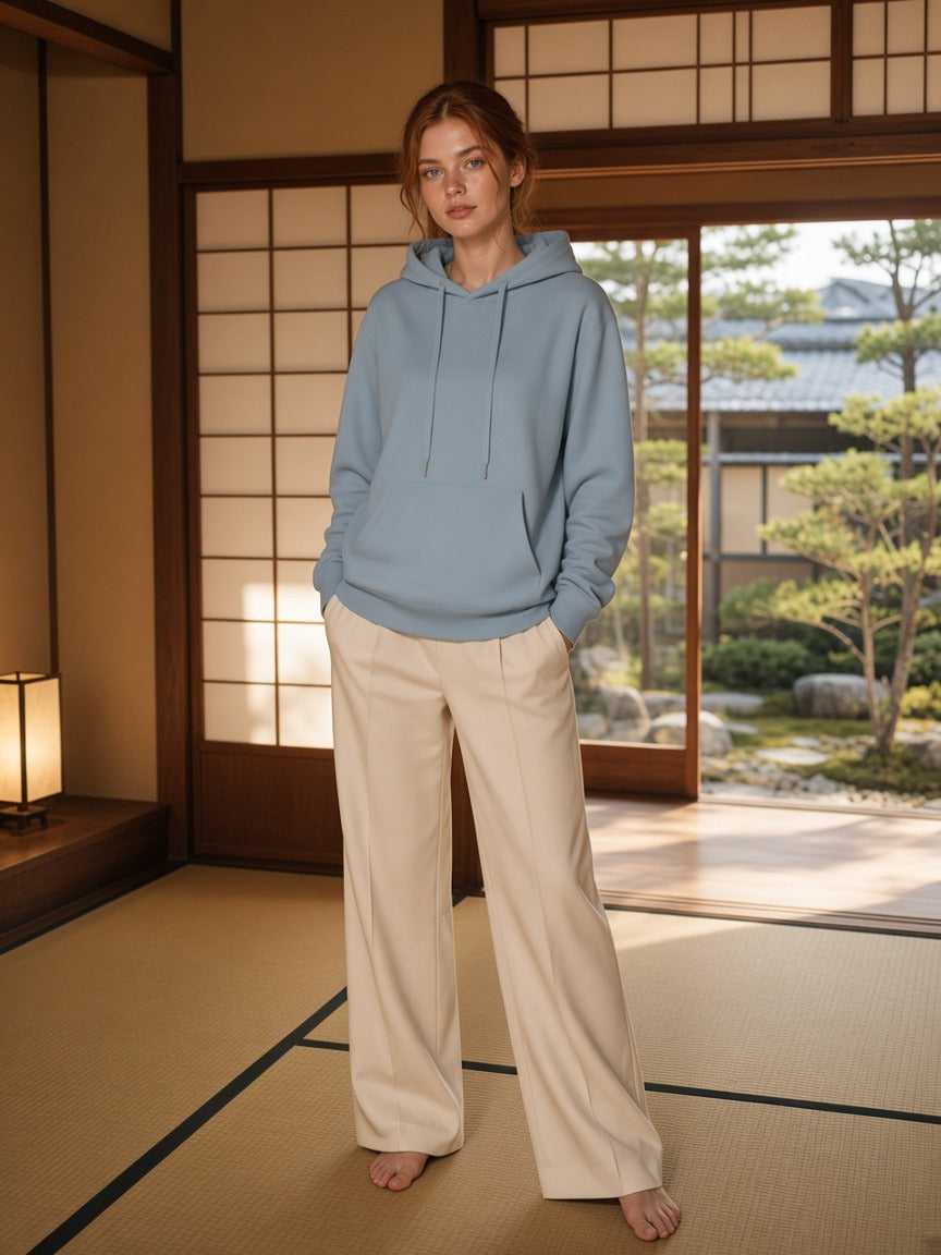 Model wearing the Classic Cotton Hoodie in Haze Blue, full-length model photo