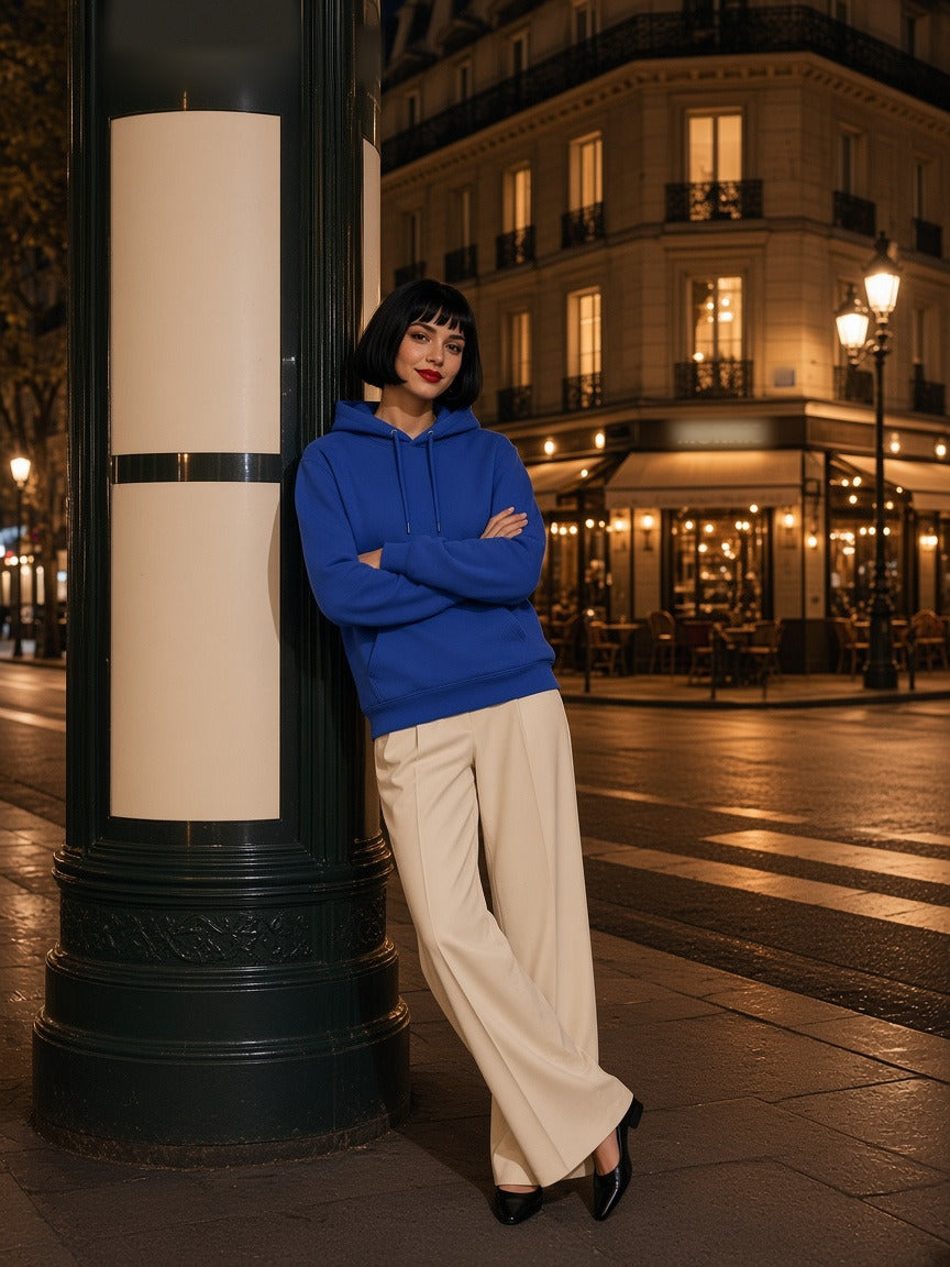 Model wearing the Classic Cotton Hoodie in Klein Blue, full-length model photo