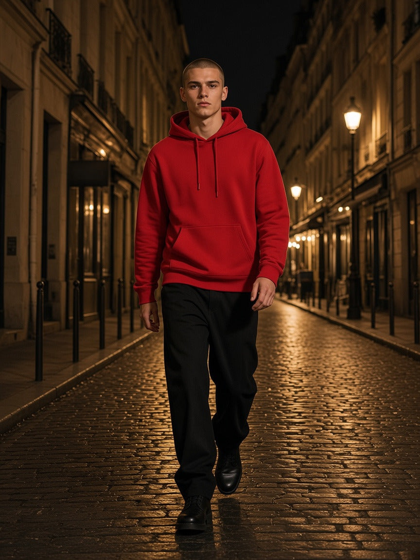 Model wearing the Classic Cotton Hoodie in Red, full-length model photo