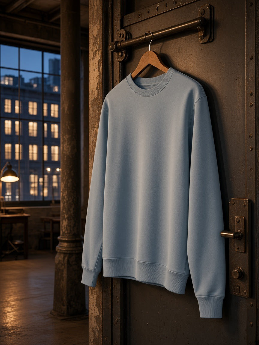 Marcel Afters Classic Cotton Sweatshirt in Haze Blue, laid flat, industrial warehouse