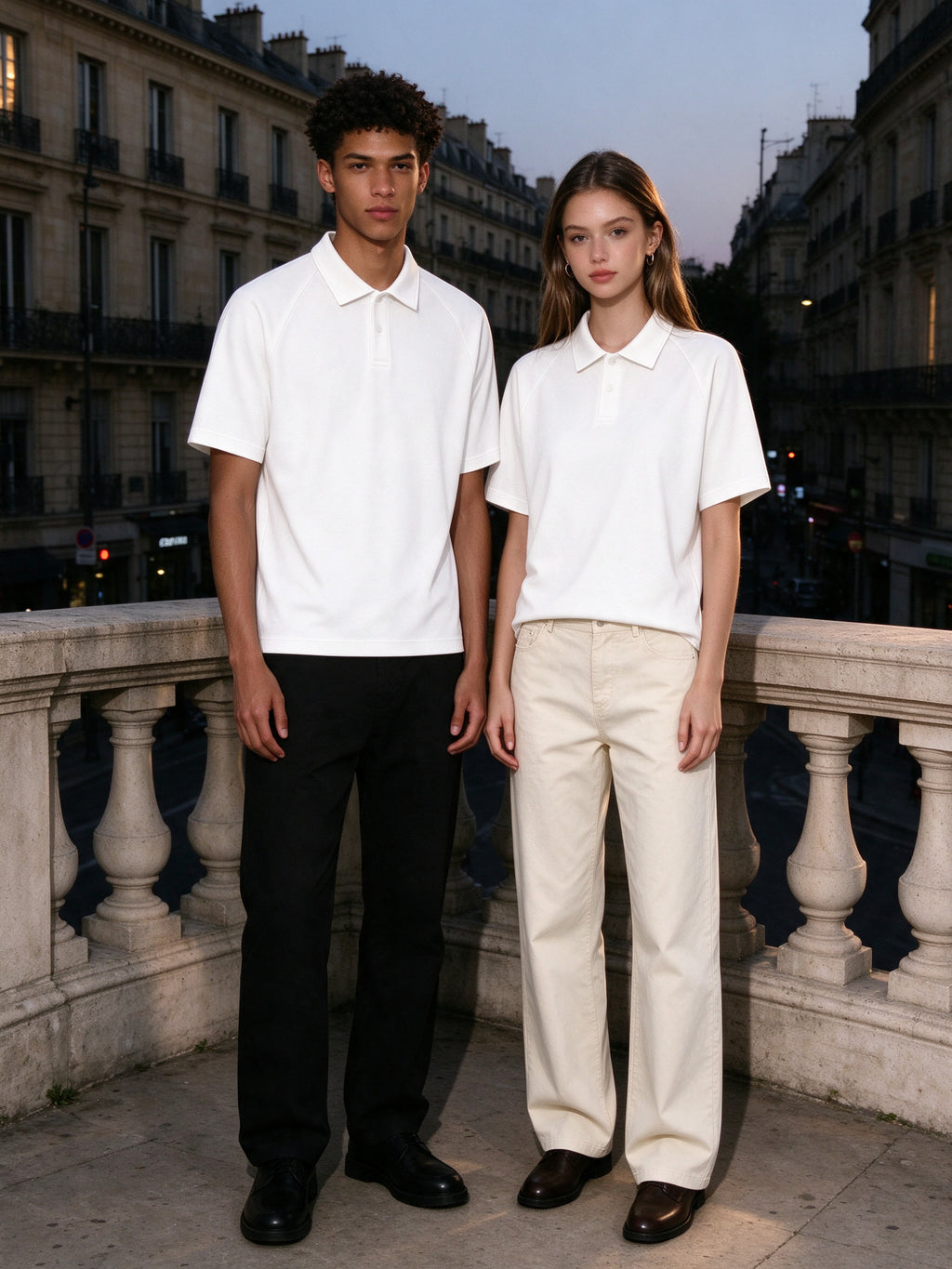 Two people wearing the Classic Knit Polo in White, full-length model photo
