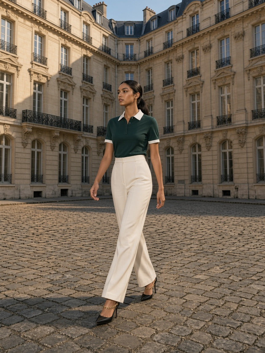 Model wearing the Contrast Collar Raglan Polo Shirt in Dark Green, full-length model photo