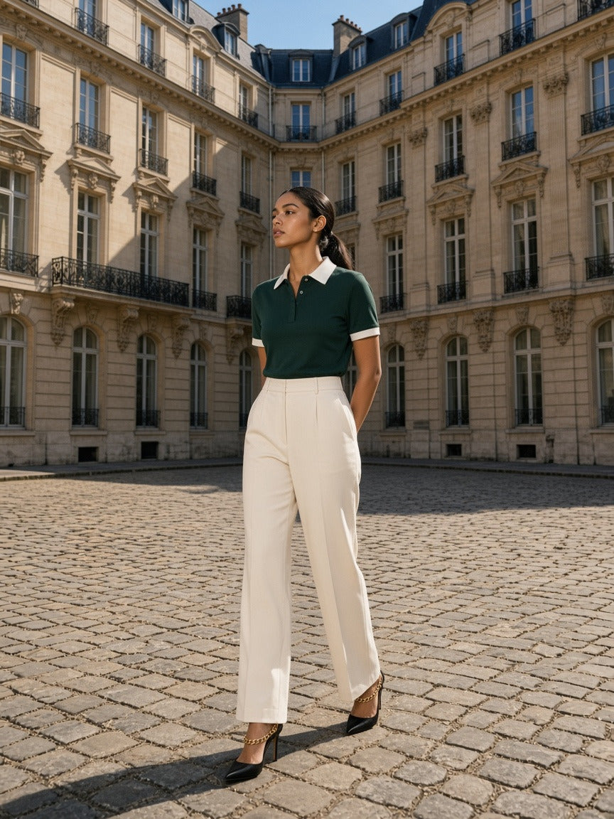 Model wearing the Contrast Collar Raglan Polo Shirt in Dark Green, full-length model photo