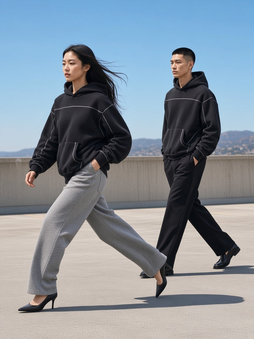 Marcel Afters Contrast-Stitched Boxy Fleece Hoodie in Black, worn by a man and a woman, striding across a concrete rooftop, she in grey trousers and heels