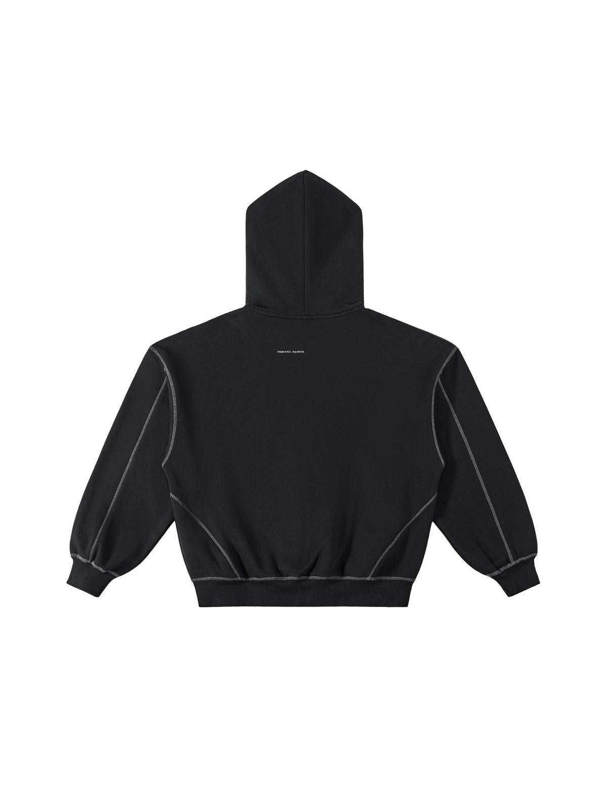 Marcel Afters Contrast-Stitched Boxy Fleece Zip Hoodie in Black, laid flat