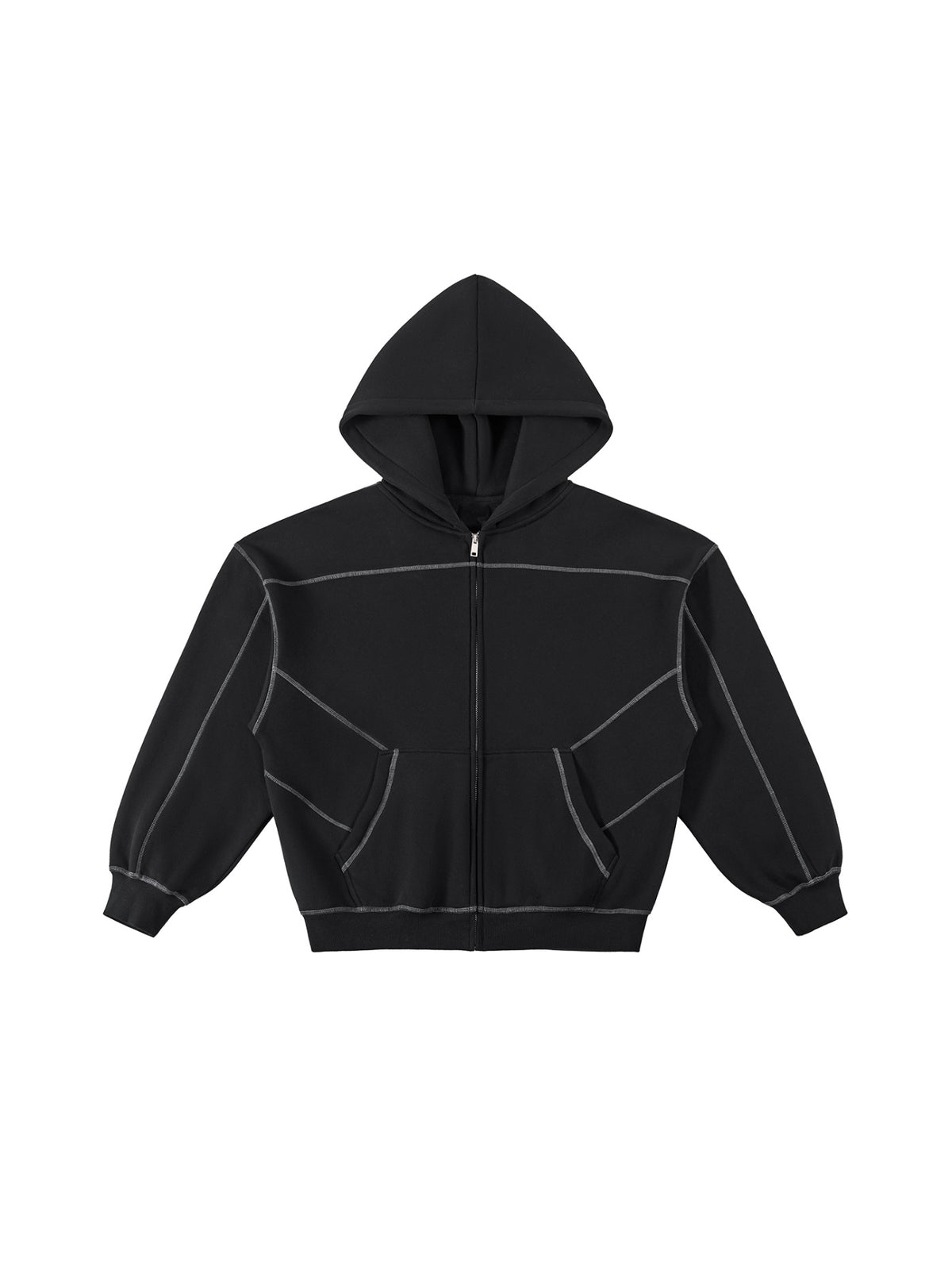 Marcel Afters Contrast-Stitched Boxy Fleece Zip Hoodie in Black, worn by a woman, plain white background