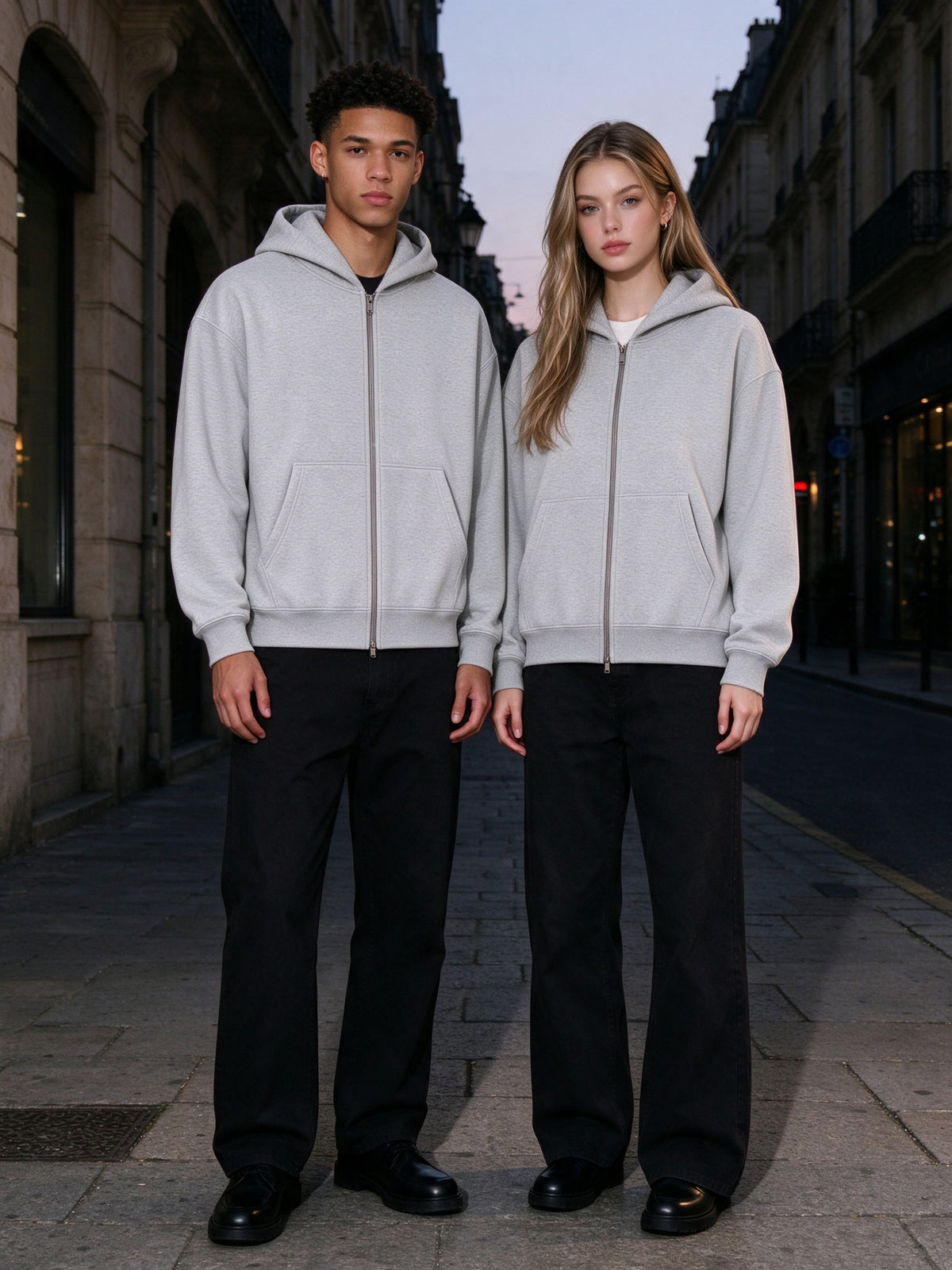 Two people wearing the Contrast-Stitched Boxy Fleece Zip Hoodie in Flower Gray, full-length model photo