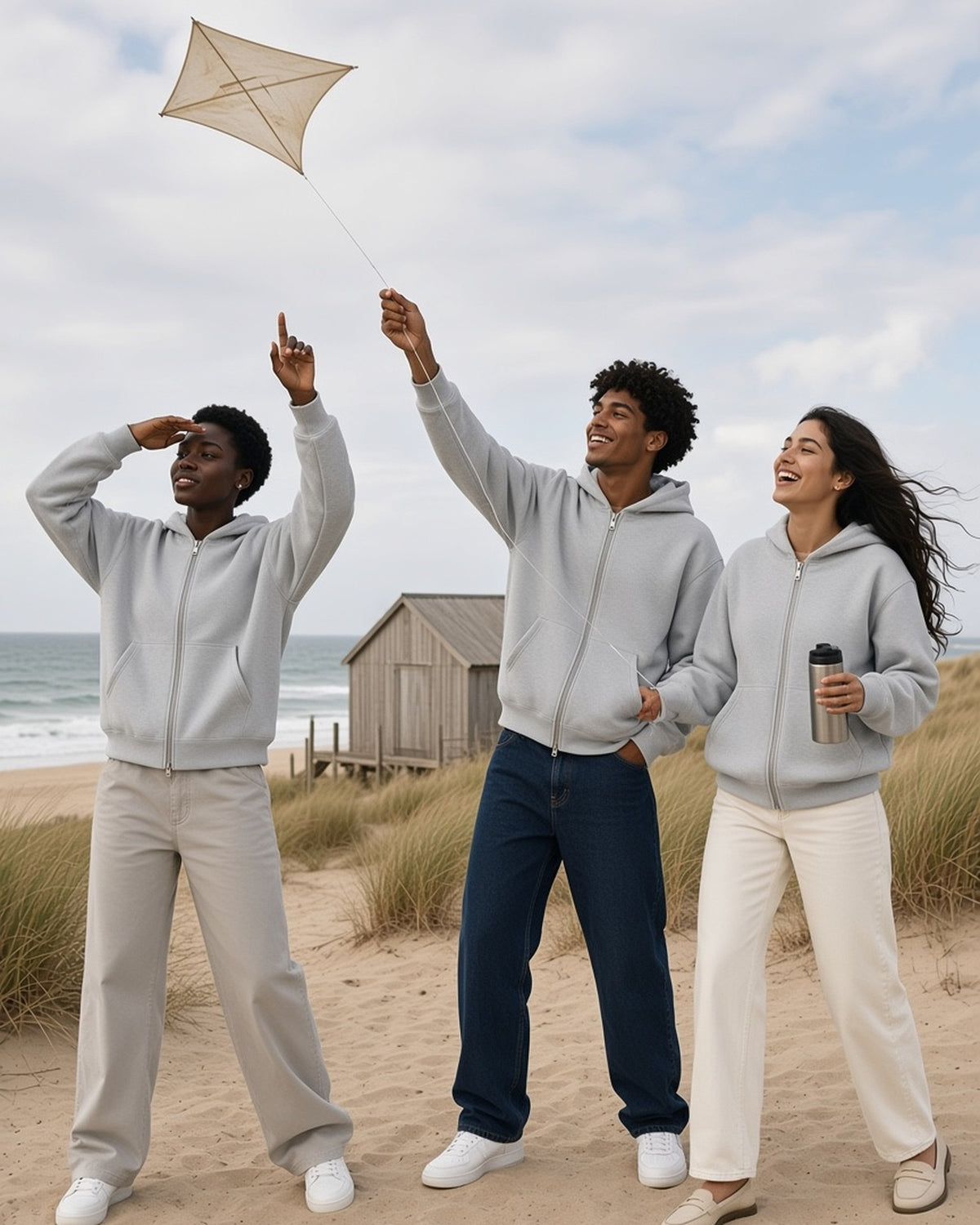 Three people in the Contrast-Stitched Boxy Fleece Zip Hoodie in Flower Gray, flying a kite in the dunes