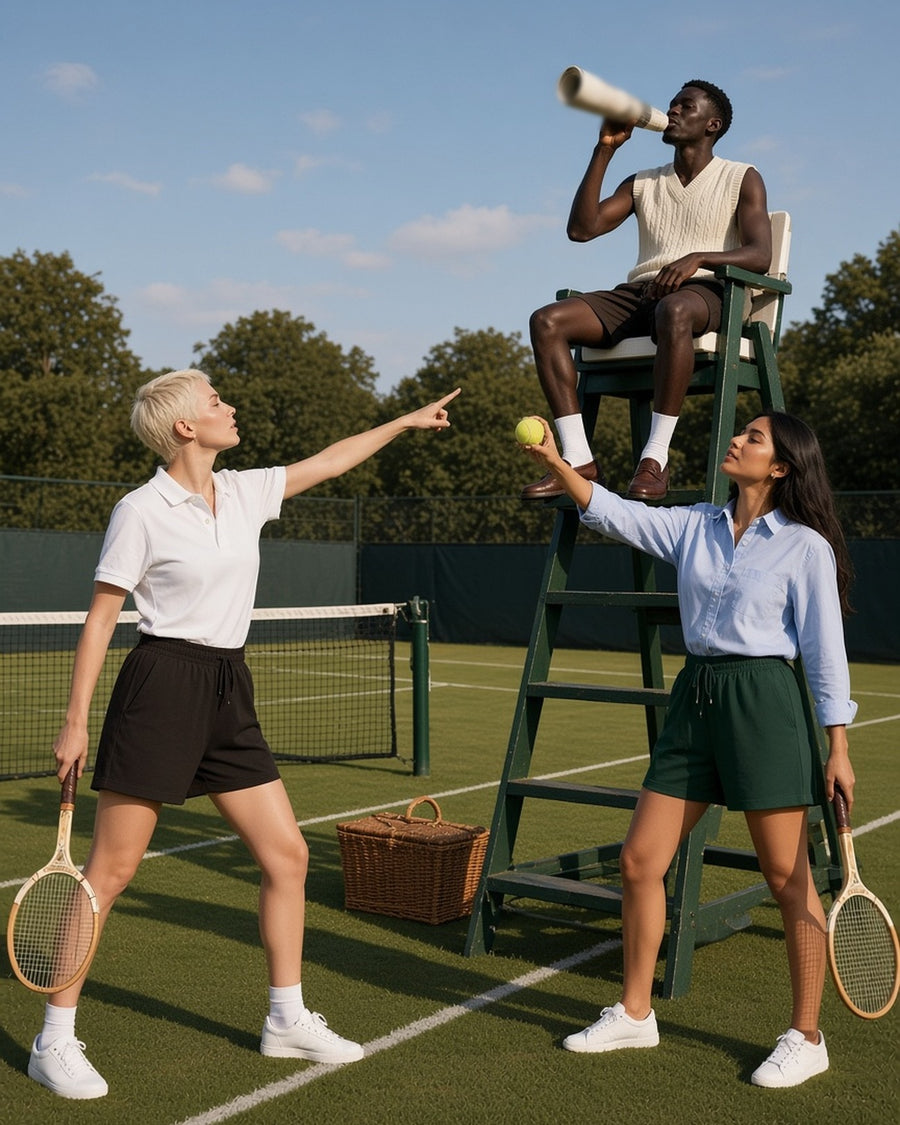 Three people in the Cotton Shorts in Black, Blackish Green and Coffee, disputing a line call on a grass tennis court