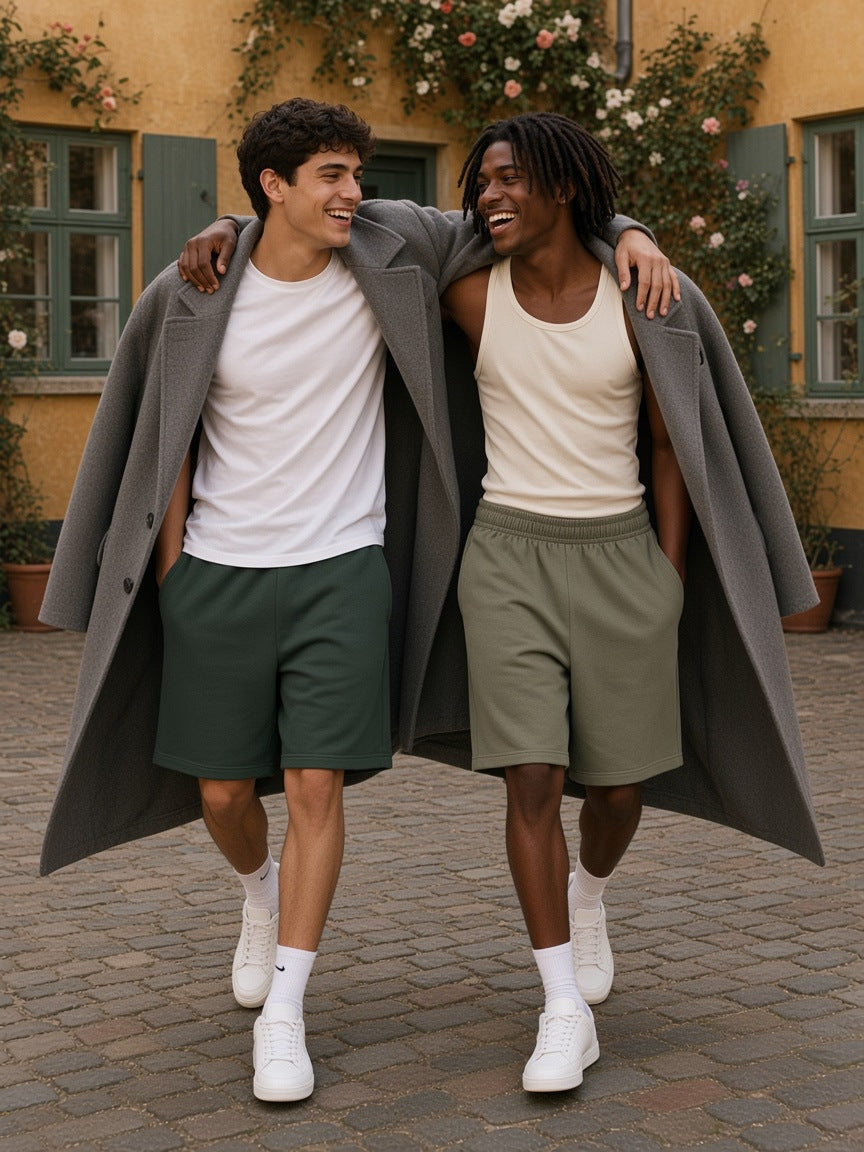 Marcel Afters Cotton Shorts in Blackish Green, worn by a man and a woman, two friends arm in arm in a sunlit square, one in green and one in olive